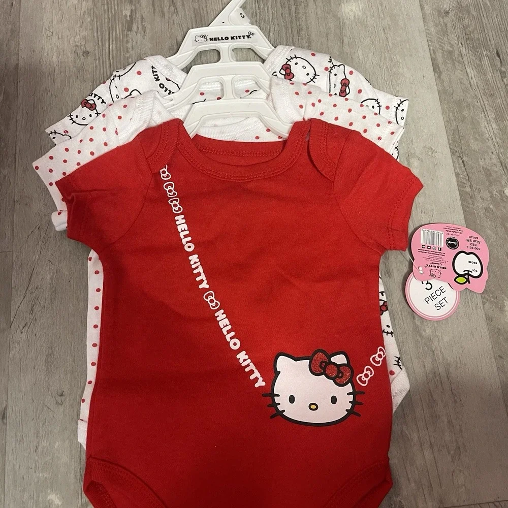 SANRIO HELLO KITTY Baby Girls' 3-Pack Bodysuit Set‎ sz 9M  Hearts Red Bag6